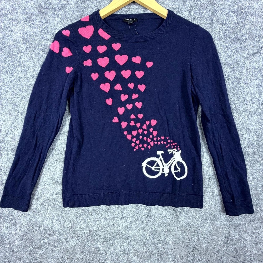Talbots Sweater Womens S Petite Navy Blue Heart Bicycle Cutesy Kawaii Romantic
